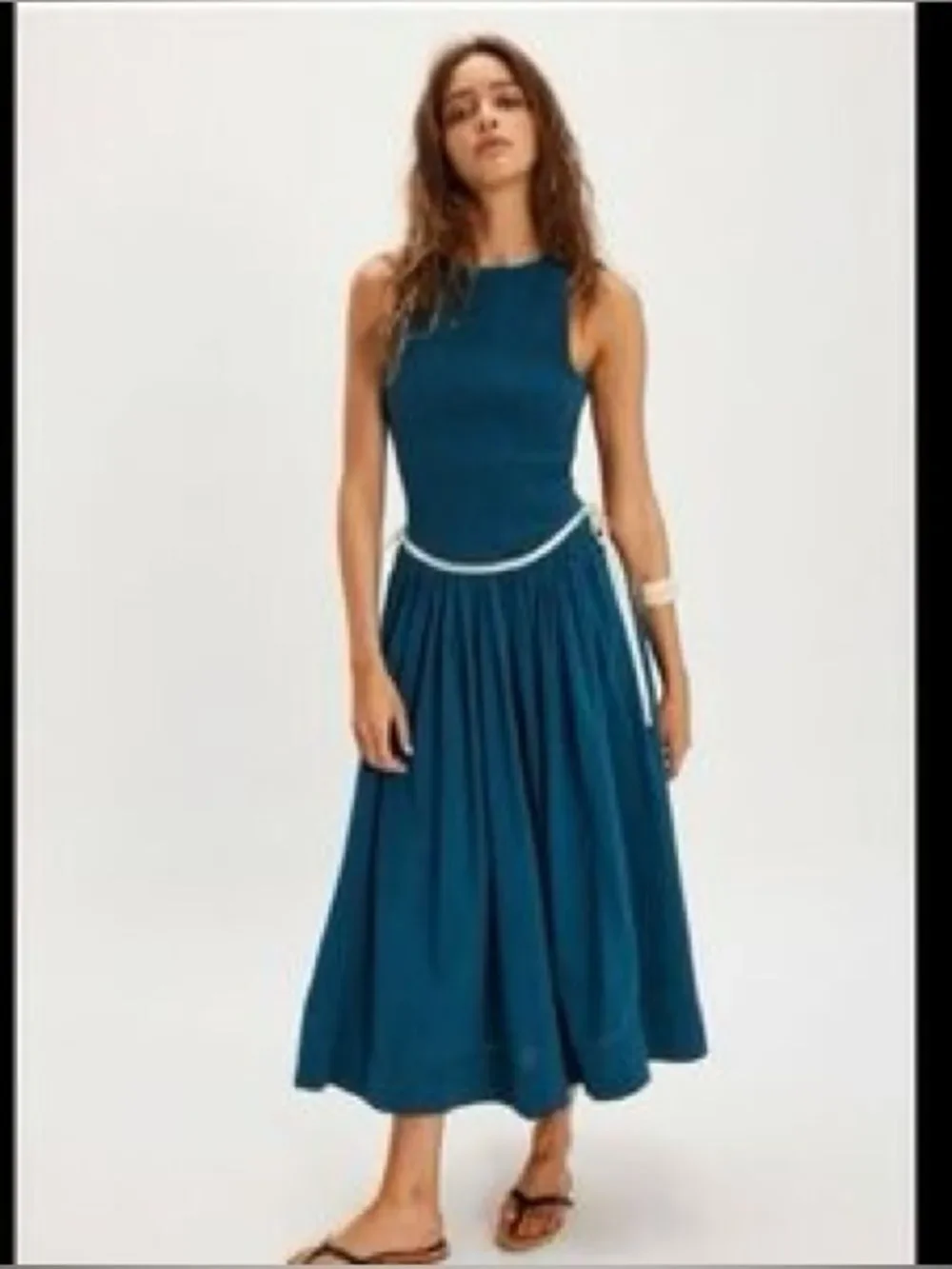 Free People Nightingale Seersucker Teal Sleeveless Boho Midi Dress Scoop Back